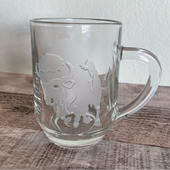 Other - Buffalo Bison 3D Frosted Etched Clear Glass Mug 4” Tall 8oz USA